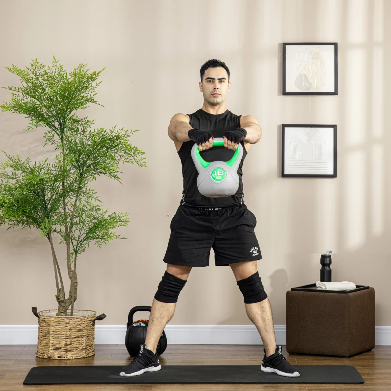 SPORTNOW Pesa Rusa 16 kg Kettlebell Revestimiento de PU y Relleno de Arena para Entrenamiento de Fuerza 27x17x31 cm Verde y Gris