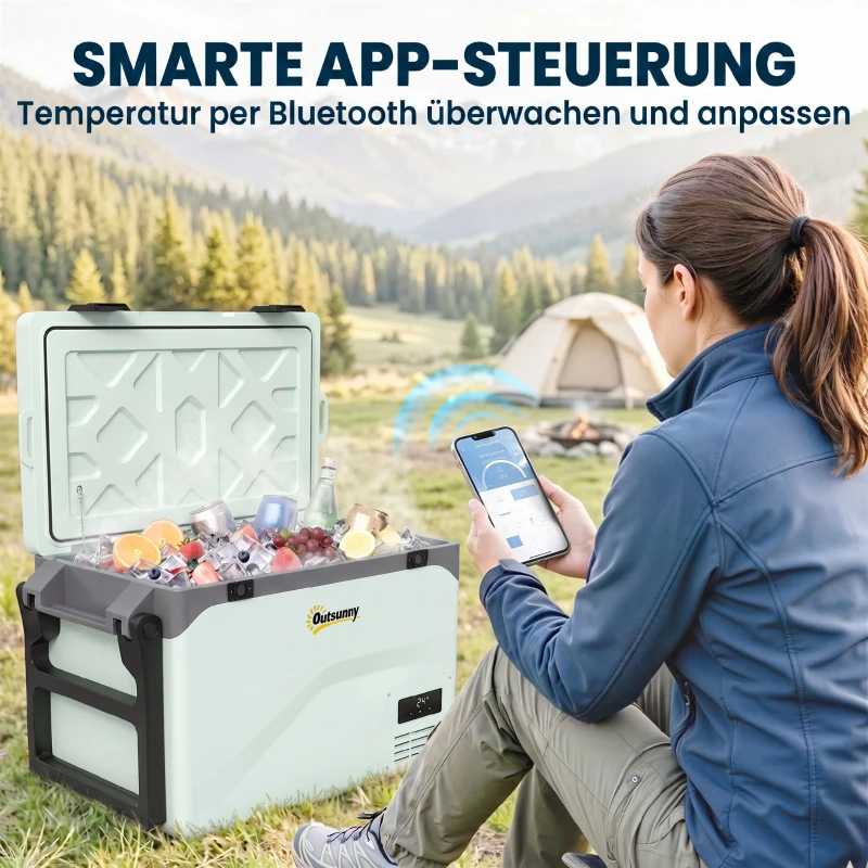 Outsunny 42,5 Liter Kompressor Kühlbox Leise elektrisch Mini Kühlschrank bis -20℃ Kühlbox mit Bluetooth Rolle Griff Handyhalter