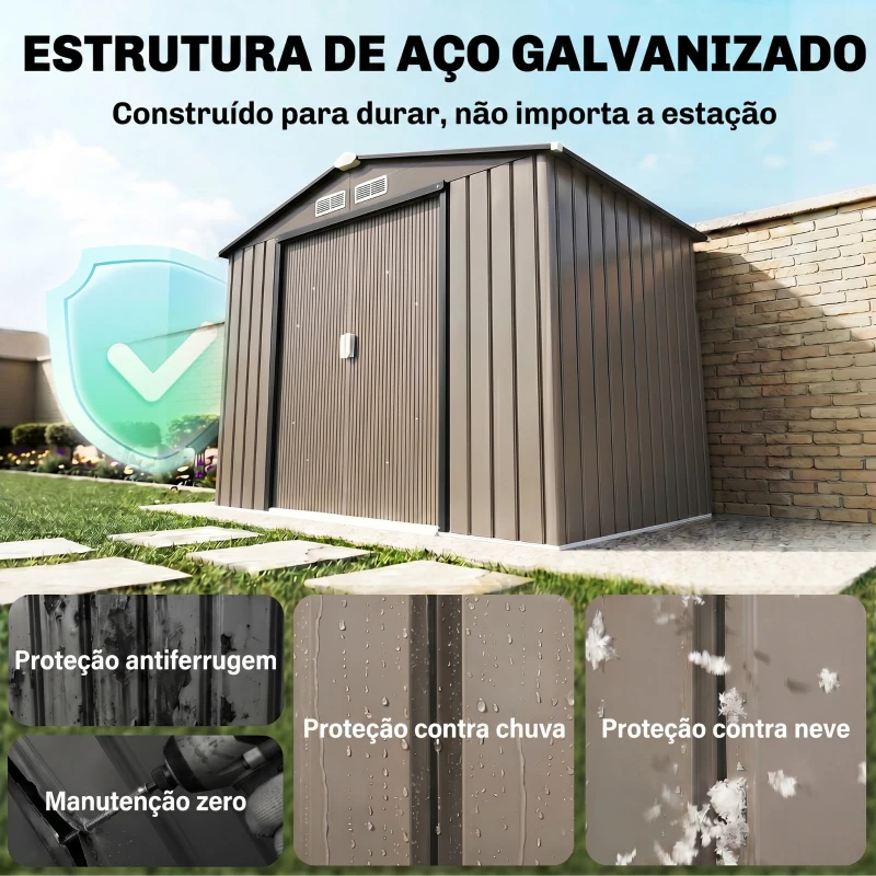 Outsunny Abrigo de Jardim 213x130x185 cm Abrigo de Jardim Metálico de Exterior com 2 Portas Deslizantes e 4 Janelas Marrom