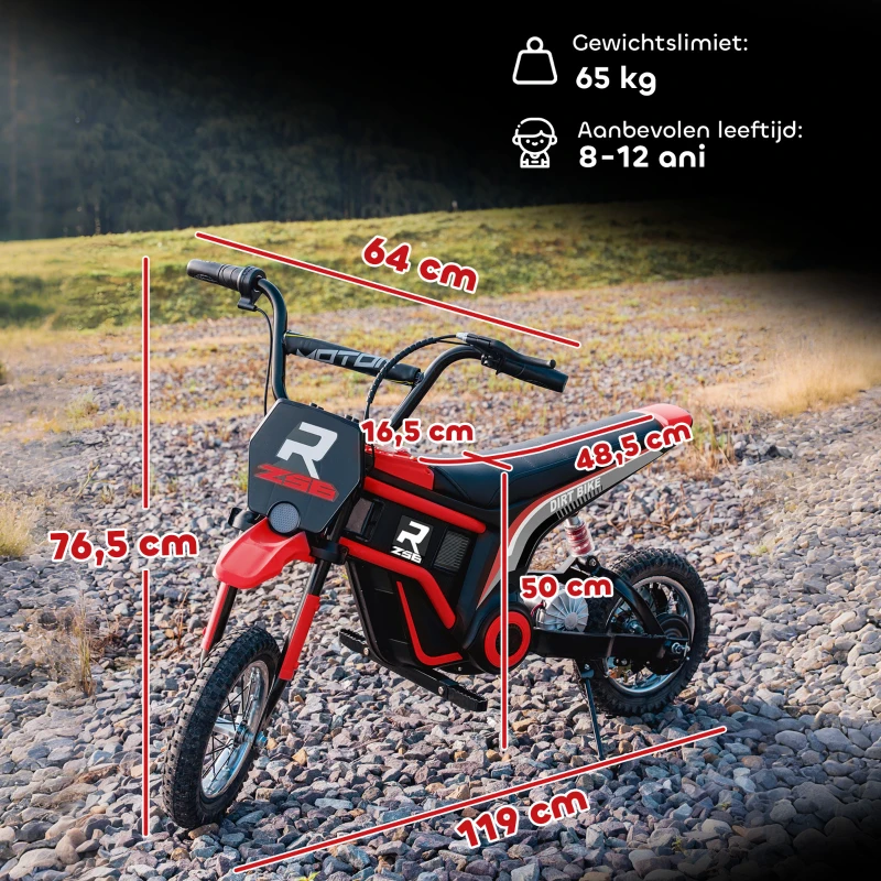 HOMCOM Elektrische Kindermotorfiets, 24V met Toeter en Verlichting, Draaigashendel, 8-16 km/u, 8-12 Jaar, Rood(m-3)