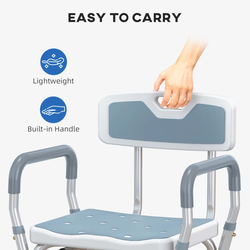 HOMCOM Tabouret de douche chaise de douche ergonomique hauteur réglable pieds antidérapants 56,5 x 53,5 x 87 cm blanc et bleu