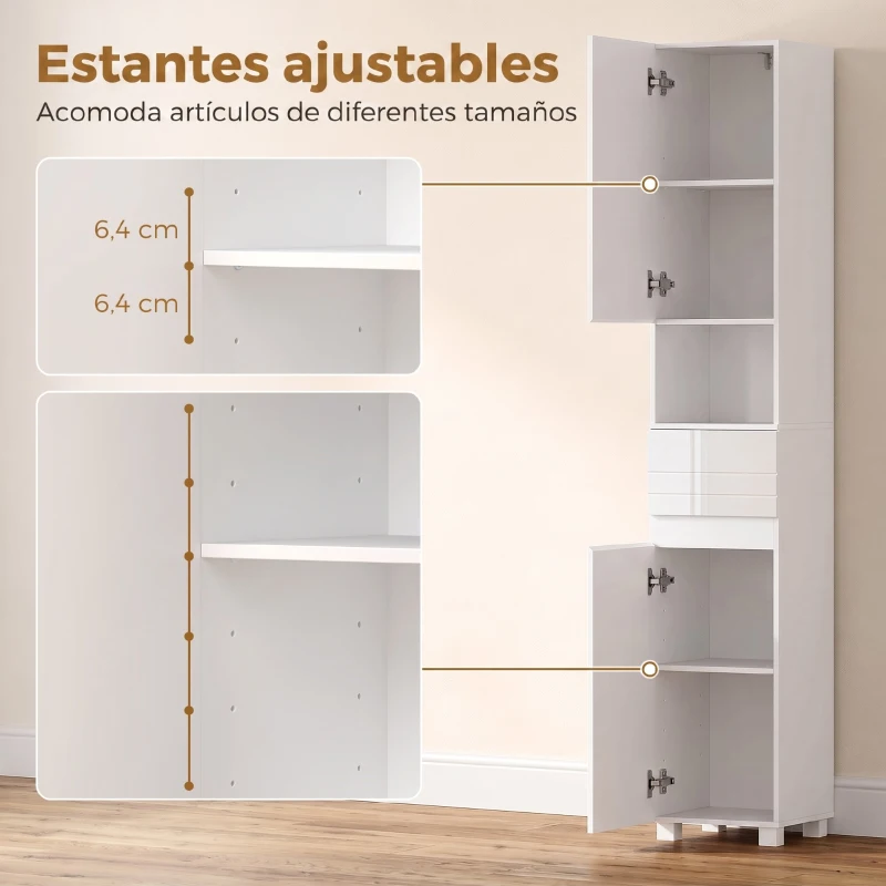 HOMCOM Armario Alto de Baño Mueble de Baño Estrecho Alto Brillo con Cajón Compartimento Abierto y Estantes Ajustables Blanco