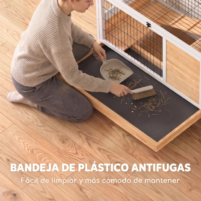 PawHut Jaula de Conejos Conejera para Mascotas Pequeñas con Techo Abrible y Bandeja Extraíble 90x53x59 cm Natural