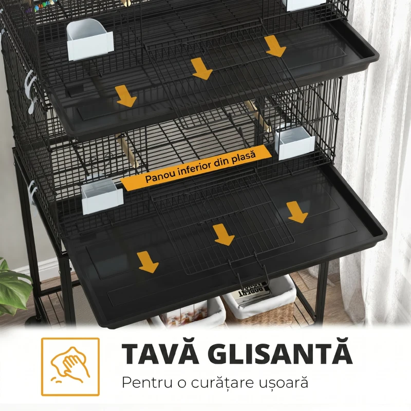 PawHut Cușcă pentru Păsări din Oțel și PP, Design Suprapus cu Stinghii, Leagăne și Scărițe, 77x46x164 cm, Negru