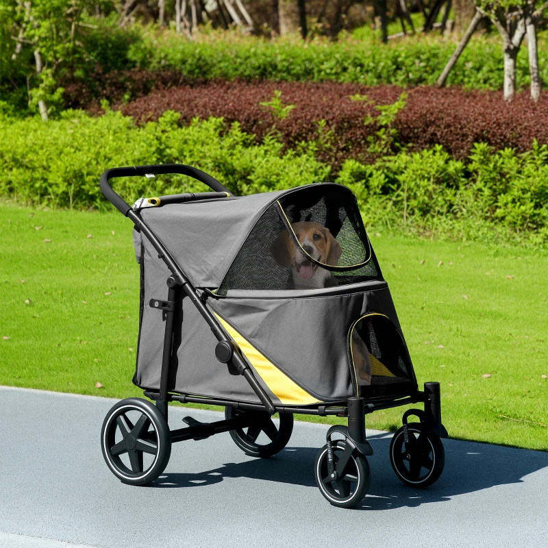 PawHut Poussette chien chariot pour chat 4 roues pliage en un clic laisse de sécurité charge 30 kg 112 x 67 x 100 cm gris foncé