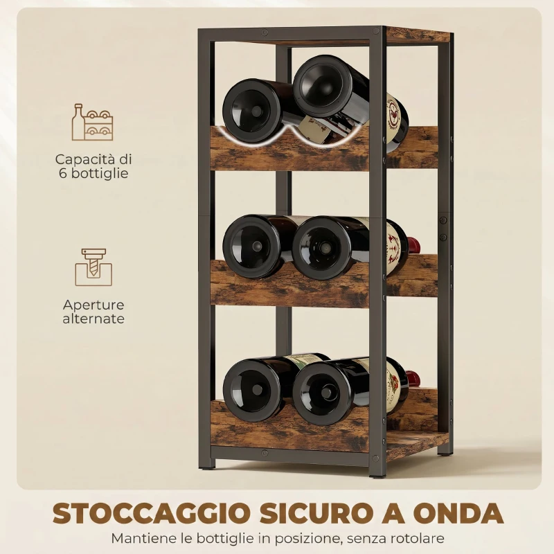 Portabottiglie HOMCOM, scaffali ondulati, piedini regolabili, marrone rustico, nero.