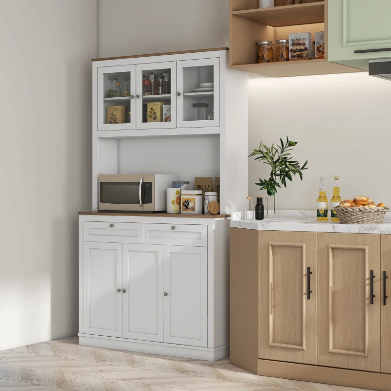 HOMCOM Armário de Cozinha com 3 Portas de Vidro Compartimento Aberto 2 Gavetas e Prateleiras Ajustáveis 100x40x180 cm Branco