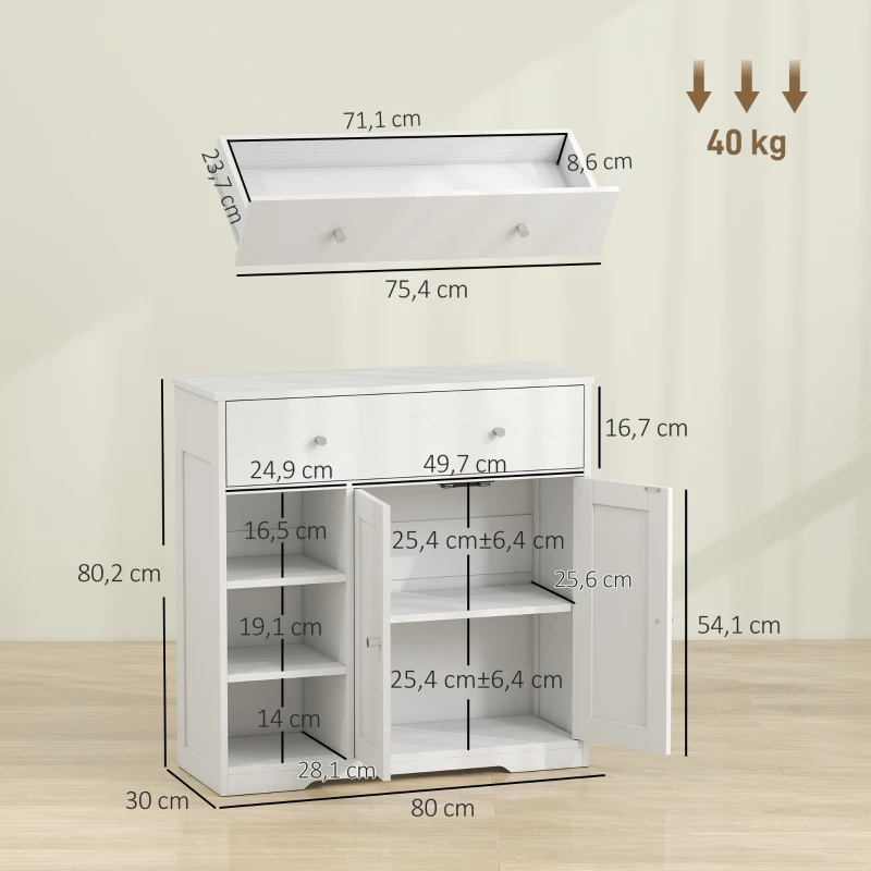 HOMCOM Armário de Casa de Banho Estreito com Gaveta 2 Portas e 3 Prateleiras Abertas 80x30x80,2 cm Branco Texturado