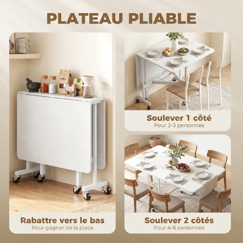 HOMCOM Table à Manger Pliante sur Roulettes pour 4-6 Personnes 120 cm, Roues avec Freins, 2 Abattants, Style Industriel, Blanc