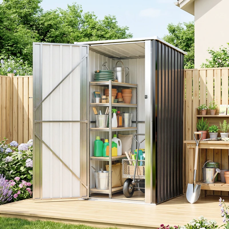 Outsunny Cobertizo de Jardín Exterior 0,69 m² 83x89x163 cm con Techo Inclinado Puerta con Cerradura Incluye Guantes Gris Oscuro