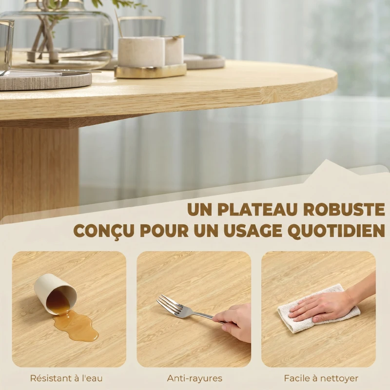 HOMCOM Table à manger ronde pour 4-6 personnes, Ø 120 x 75 cm, table de cuisine avec base cylindrique cannelée, bois naturel