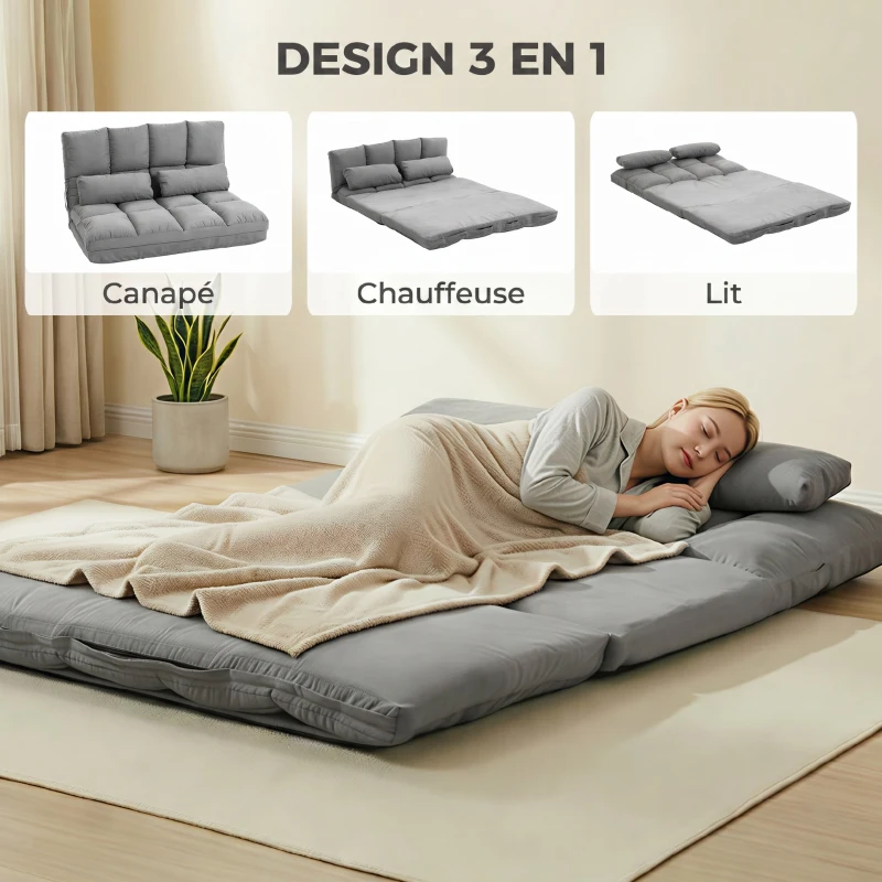 HOMCOM Chauffeuse 2 places canapé-lit convertible fauteuil de sol pliable dossier réglable 2 coussins inclus en polyester aspect suédé, pour salon, chambre et bureau, gris