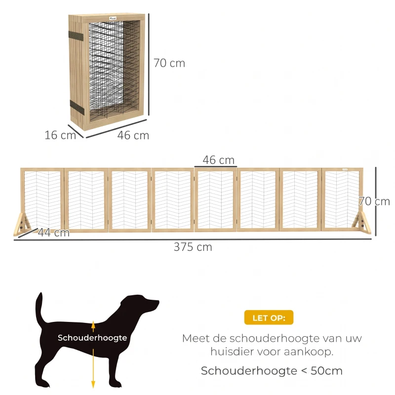 PawHut Hondenhek Traphek Afscheidingshek, opvouwbaar, grenenhout, 375 cm x 44 cm x 70 cm, Natuur(m-3)