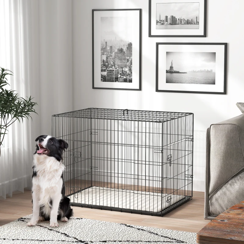 PawHut Gaiola Dobrável para Cães com Almofada, Portas e Tabuleiro Removível, 90 x 57,5 x 62 cm, Preto e Bege