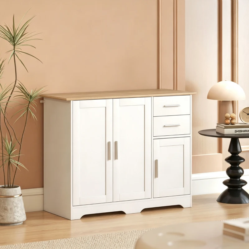 HOMCOM Buffet salon, meuble de rangement avec 2 tiroirs, 3 portes et étagère réglable, 100 x 40 x 78 cm, blanc et bois naturel(m-2)