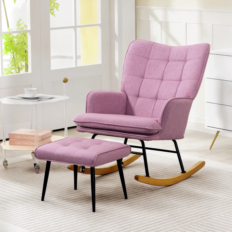 HOMCOM Silla Mecedora con Reposapiés con Cojín Acolchado Reposabrazos Respaldo Alto Patas de Madera Carga 130 kg Rosa