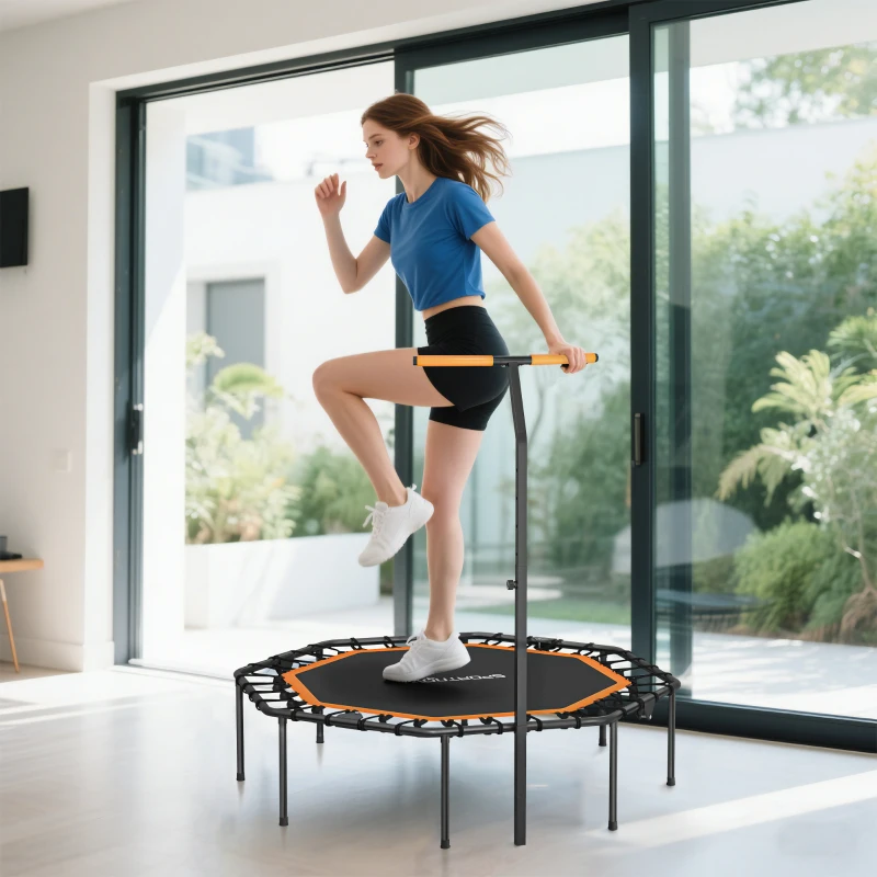 SPORTNOW Fitness-Trampolin, Trainingstrampolin mit verstellbarem Haltegriff, stabil und leise, für drinnen, Stahl, Orange(m-10)