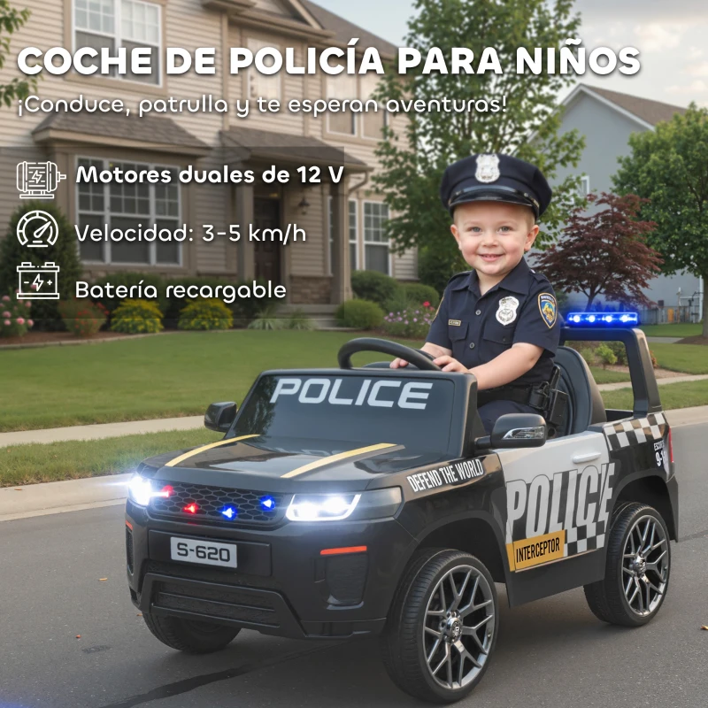 AIYAPLAY Coche Eléctrico para Niños de Policía con Mando a Distancia Motor Doble Sirena Suspensión en 4 Ruedas y Faros Negro