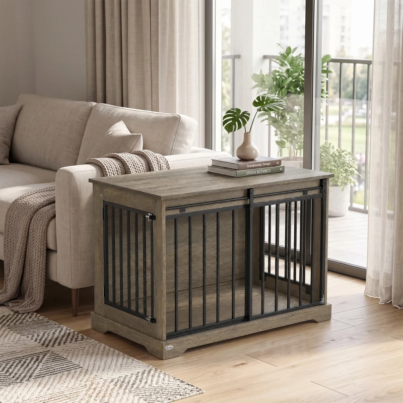 PawHut Jaula para Perros en Madera y Acero con Puerta Corredera, Mesa Auxiliar, Caseta Moderna, 100x60x68cm, Gris-Marrón Claro
