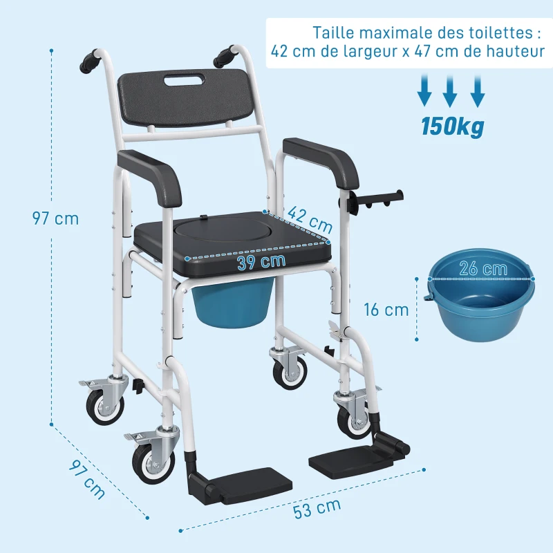 HOMCOM Chaise percée adulte à roulettes, chaise percée de douche avec repose-pieds, dossier et accoudoirs, 53x97x97cm, noir