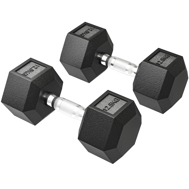 HOMCOM Set de 2 Mancuernas Hexagonales de 2 x 12,5 kg de Hierro Fundido Recubiertas en Goma para Entrenamiento en Casa Gimnasio