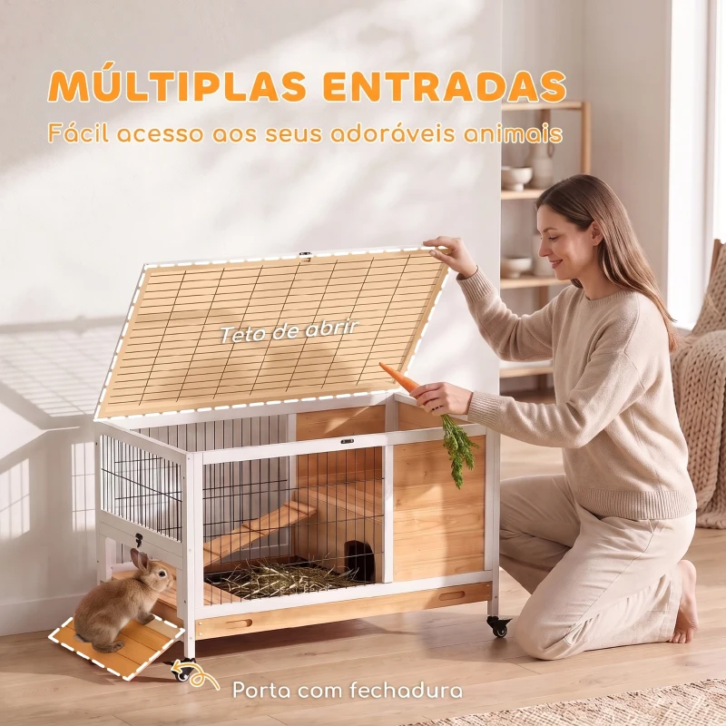 PawHut Coelheira de Madeira Gaiola de para Pequenos Animais Portátil com Teto Abatível Rampa Bandeja Amovível 90x53x59cm Madeira