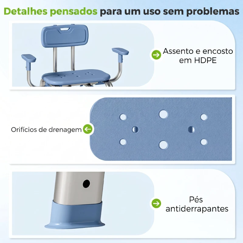 HOMCOM Cadeira de Duche para Pessoas Idosas com Apoio de Braços Ajustável Antideslizante e Altura Ajustável 60-70x52x62-72 cm Azul