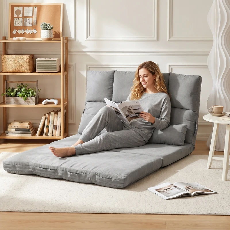 HOMCOM Chauffeuse 2 places canapé-lit convertible fauteuil de sol pliable dossier réglable 2 coussins inclus en polyester aspect suédé, pour salon, chambre et bureau, gris