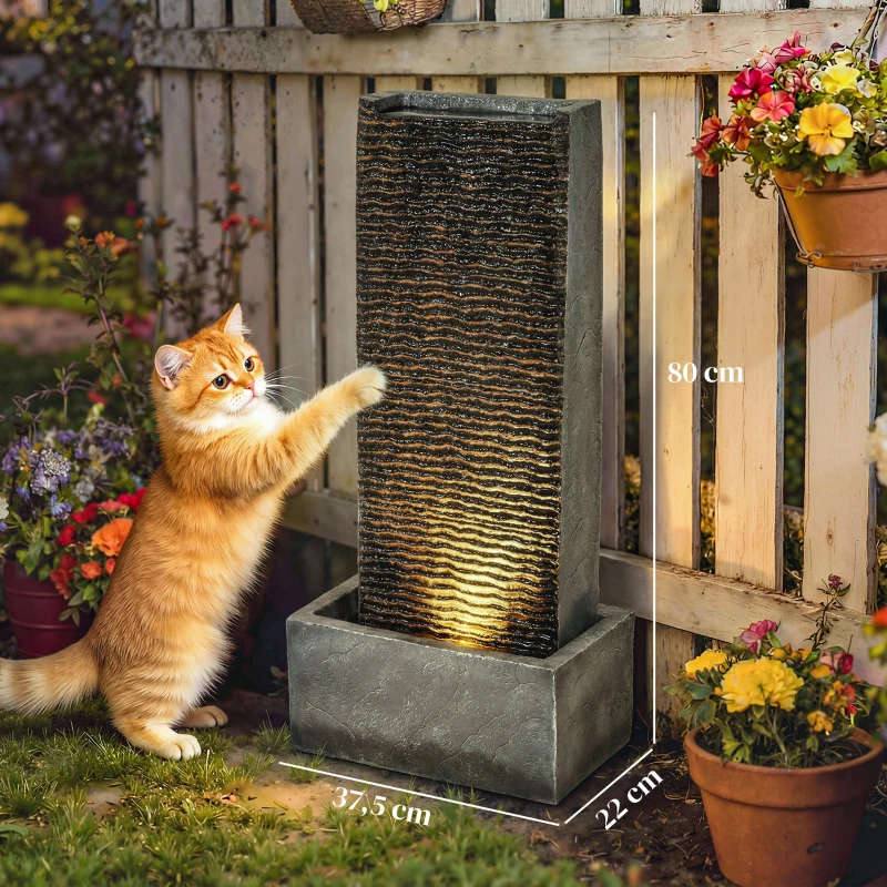 Outsunny Springbrunnen 2-stufig Gartenbrunnen mit LED Beleuchtung Pumpe Granitoptik 37,5 x 22 x 80 cm