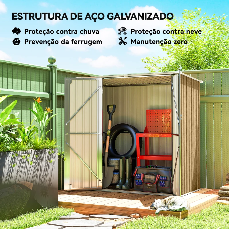 Outsunny Abrigo de Jardim Exterior Metálico 1,37 m² 163x89x163 cm com Telhado Inclinado, Portas com Fecho e Luvas Castanho