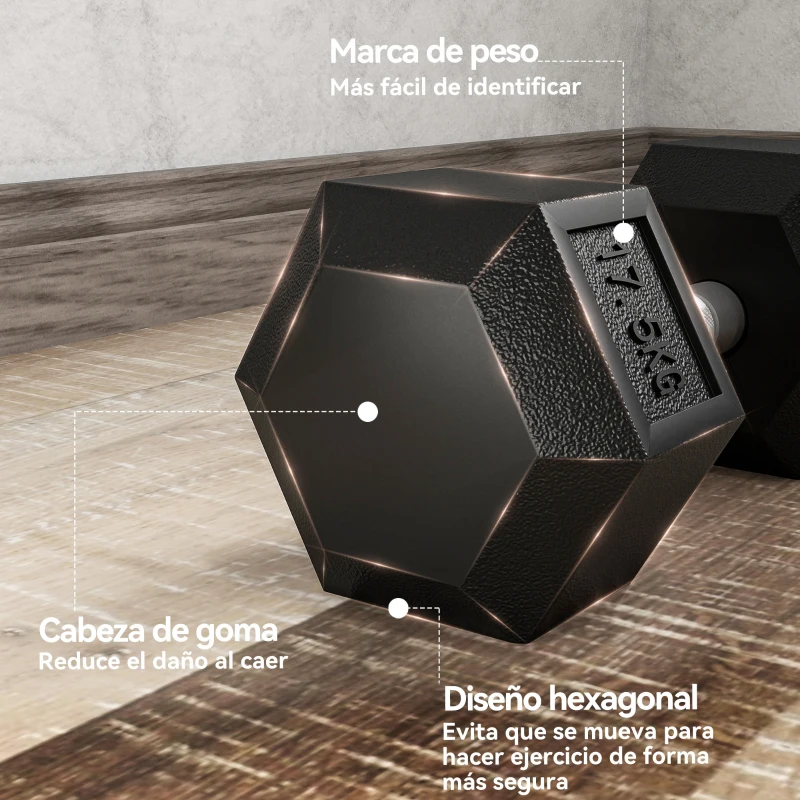 HOMCOM Set de 2 Mancuernas Hexagonales de 2x17,5 kg de Hierro Fundido Recubiertas en Goma para Entrenamiento en Casa Gimnasio