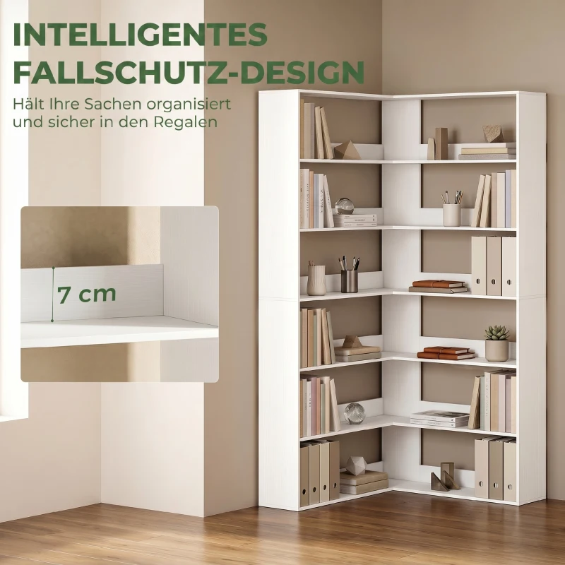 HOMCOM Bücherregal mit 7 Ebenen, L-förmiges Eckrega mit rutschfestem Rückenschutz, Weiß mit Holzoptik
