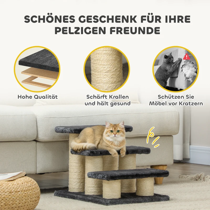 PawHut Hundetreppe 3 Stufen 34 cm Hoch Haustiertreppe für Hunde Katze Katzentreppe mit Kratzstamm Hunderampe Einstiegshilfe für Bett, Sofa, Couch Dunkelgrau