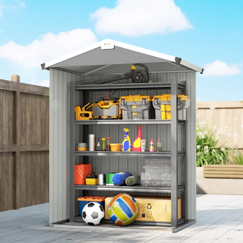Outsunny Cobertizo de Jardín Exterior 1,1 m² 133x87x178 cm con 2 Puertas Abatibles Techo a Dos Aguas y Guantes Gris Plateado