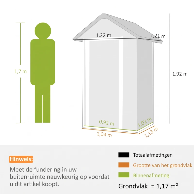 Outsunny Metalen Tuinhuis 1,17 m², Gereedschapsschuur met Zadeldak, Ventilatie, Slot en Handschoenen, 122 x 121 x 192 cm