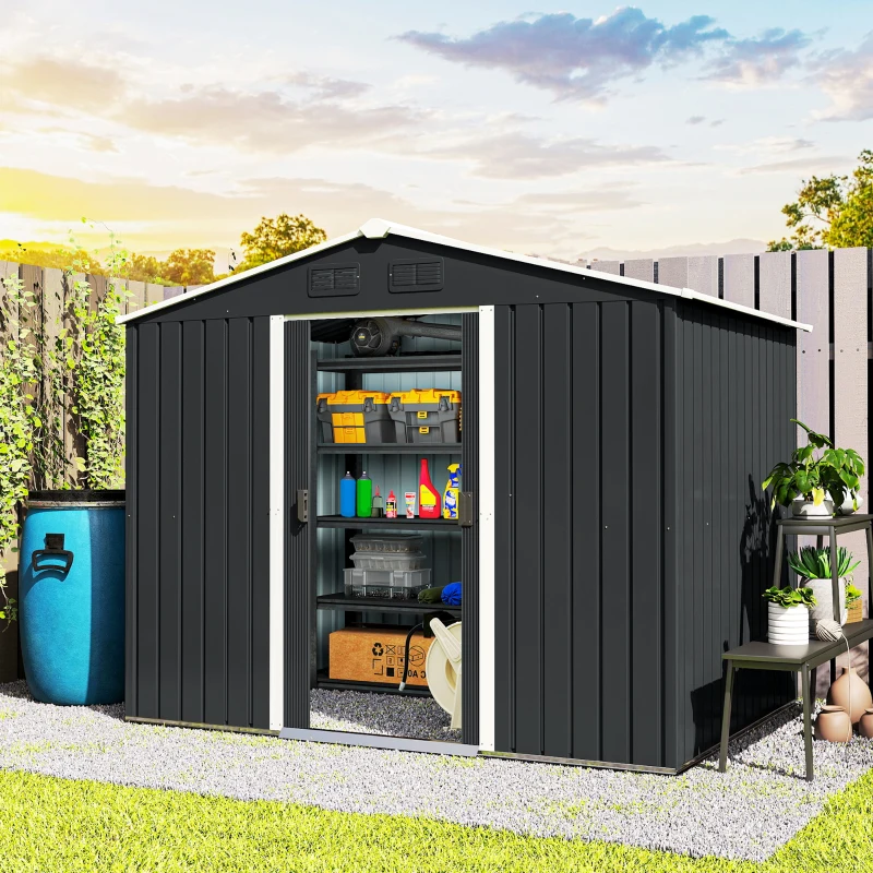 Outsunny Abrigo de Jardim de 3,6 m² 236x174x190 cm para Armazenamento de Ferramentas com Portas de Correr e 4 Janelas de Ventilação Cinza
