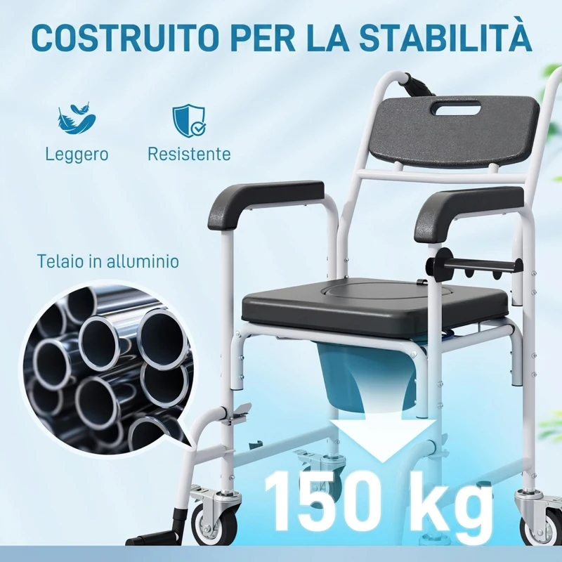 HOMCOM Sedia a Rotelle con WC Impermeabile 4 in 1 con Poggiapiedi Ribaltabili, in Alluminio e Plastica, Nero