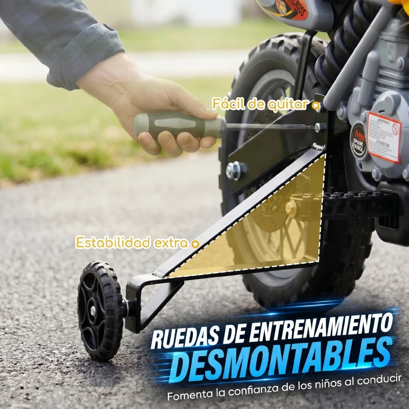 HOMCOM Moto Eléctrica para Niños con Ruedas de Apoyo Desmontables Faros y Música para Niños 3-6 Años Amarillo