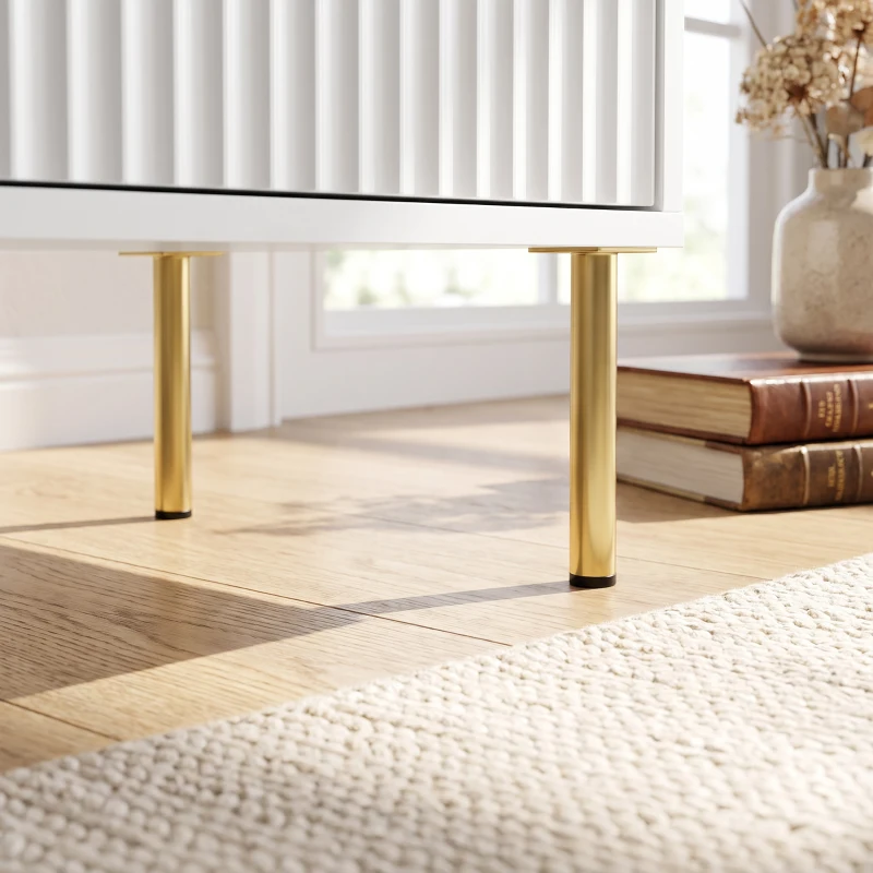 HOMCOM Table de chevet, table de nuit cannelée avec 2 tiroirs et pieds en acier, pour chambre à coucher, salon, blanc