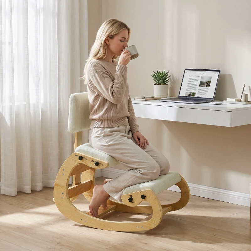 HOMCOM Sedia Ergonomica Inginocchiata in Tessuto Effetto Lino e Compensato di Betulla, Crema