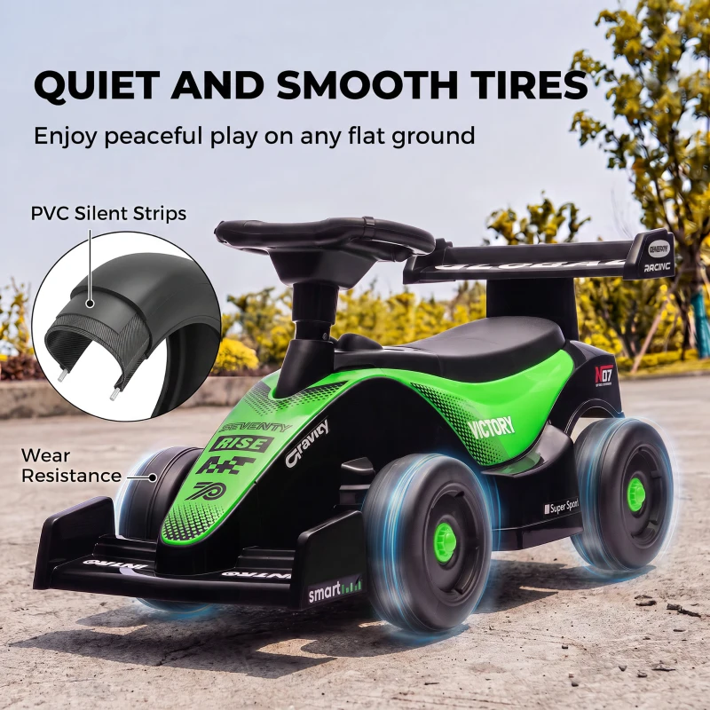 AIYAPLAY Porteur enfants voiture F1, véhicule à pousser avec volant musical, roues silencieuses et coffre, 18-36 mois, vert