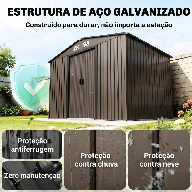 Outsunny Abrigo de Jardim 277x195x192 cm  Metálico para Armazenamento de Ferramentas com Base de Reforço Incluída Madeira