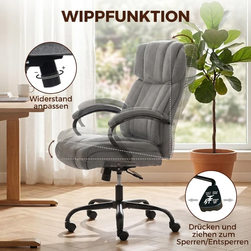 Vinsetto Bürostuhl, Ergonomischer Chefsessel bis 220 kg belastbar, Gepolsterter Schreibtischstuhl mit Armlehne, breit Sitz, Höhenverstellbarer Drehstuhl mit Wippfunktion, Leinenoptik, Hellgrau