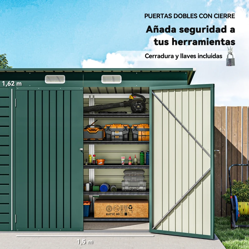 Outsunny Caseta de Jardín Exterior 2,7m² 249x121x183 cm con Doble Puerta 2 Ventilaciones y Pestillo Verde