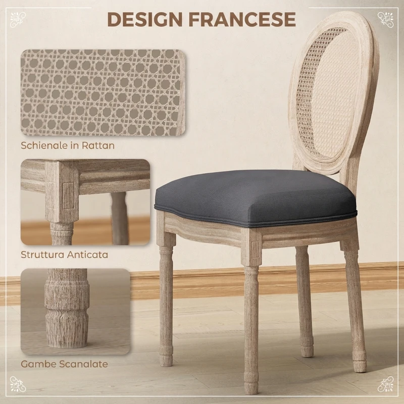 HOMCOM Set di 2 Sedie Sala da Pranzo in Tessuto Effetto Lino con Schienale in Rattan Traforato, Gambe in Legno, Grigio