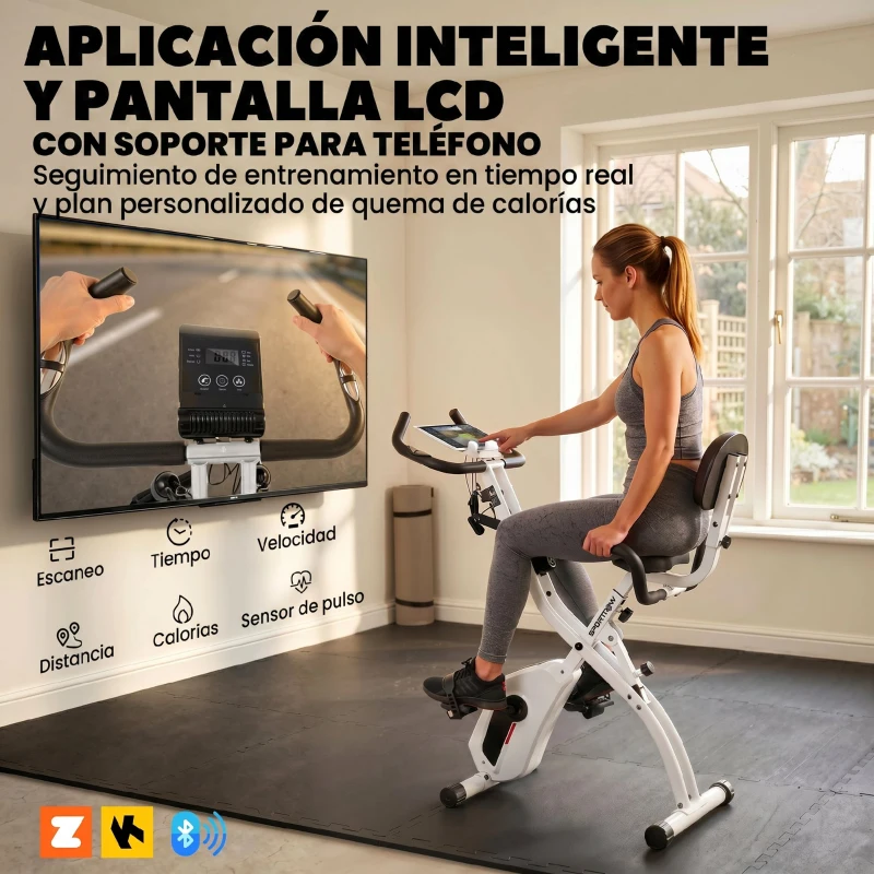 SPORTNOW Bicicleta Estática Plegable con 8 Niveles de Resistencia Volante Pantalla LCD Bluetooth Pulsómetro y Sillín Ajustable