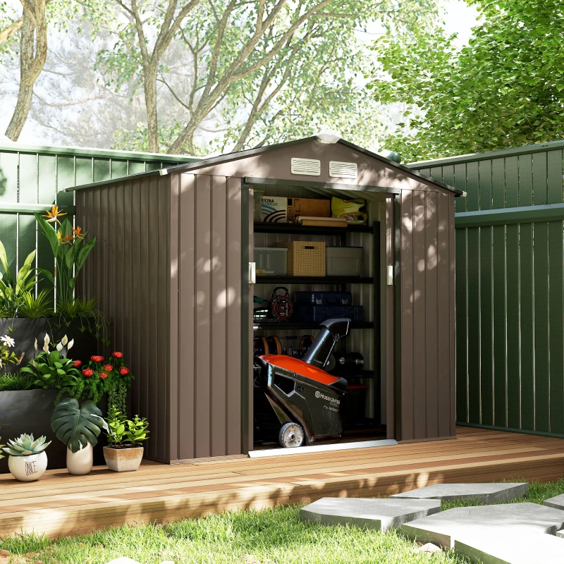 Outsunny Abrigo de Jardim 213x130x185 cm Abrigo de Jardim Metálico de Exterior com 2 Portas Deslizantes e 4 Janelas Marrom