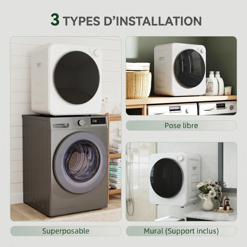 HOMCOM Sèche-linge à évacuation portable 2,5 Kg, sèche-linge électrique 400/800 W, 5 modes de séchage, 48 x 44 x 57 cm, blanc(m-5)