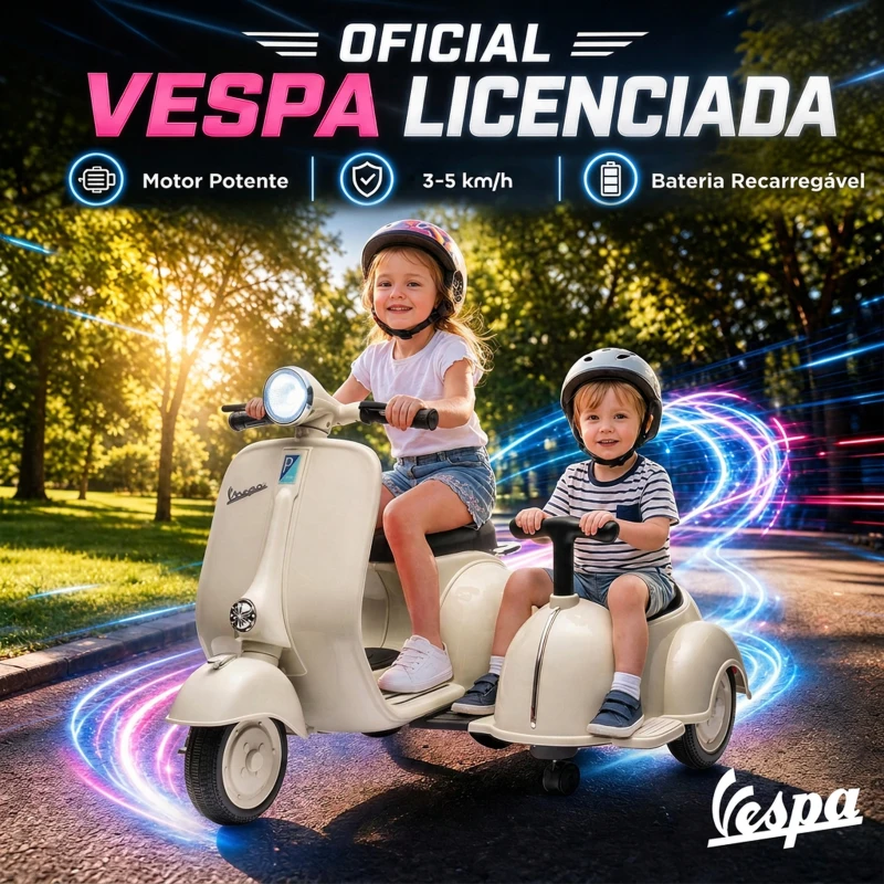 AIYAPLAY Mota Elétrica Infantil VESPA com 2 Assentos, Arranque Suave, Luz, Música, USB e Arrumação, Creme