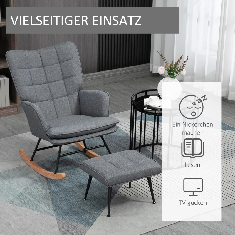 HOMCOM Schommelstoel met Voetenbank, comfortabel, tot 130 kg, Linnenlook, 64x89x90cm, Grijs